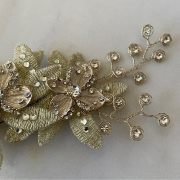 Wedding Hair Clip with Crystals, Metallic Flowers & Leaves - Picture 4 of 12
